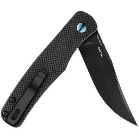 Olight Chital Folding Knife - open folding knife with black blade textured dark handle and blue pivot Olight Chital Folding Knife - open folding knife with black blade textured dark handle and blue pivot