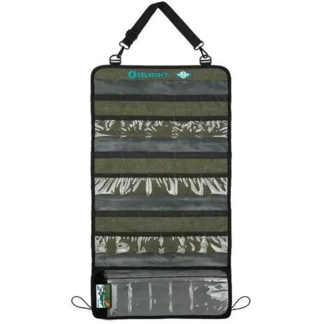 Olight Exploit Folding Knife Pack - OD Green - open green knife storage roll with clear zipped pockets Olight Exploit Folding Knife Pack - OD Green - open green knife storage roll with clear zipped pockets