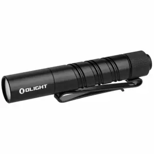 Olight I3T 2 EOS LED 200 Lumen Flashlight - angled view of slim black flashlight with pocket clip