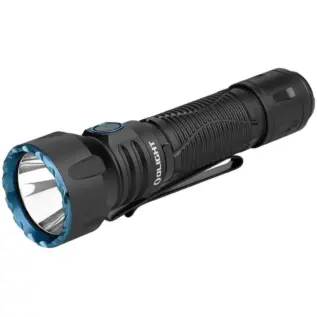 Olight Javelot Flashlight - 1350 Lumens 730m - angled view of black cylindrical flashlight with blue front bezel and side button
