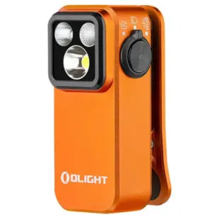Olight Oclip Pro S flashlight - orange clip-on light with three front light elements and round side control
