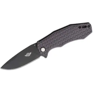Olight Oknife Spurdog Flipper - Gunmetal - open folding knife with black blade and grey textured handle