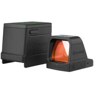 Olight Osight 3 MOA Red Dot Sight - black open reflex sight with orange-tinted lens and charging cover