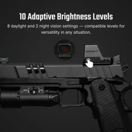 Olight Osight C 3 MOA Red Dot Sight - brightness adjustment graphic showing the optic mounted on a pistol Olight Osight C 3 MOA Red Dot Sight - brightness adjustment graphic showing the optic mounted on a pistol