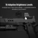 Olight Osight C 3 MOA Red Dot Sight - brightness adjustment graphic showing the optic mounted on a pistol