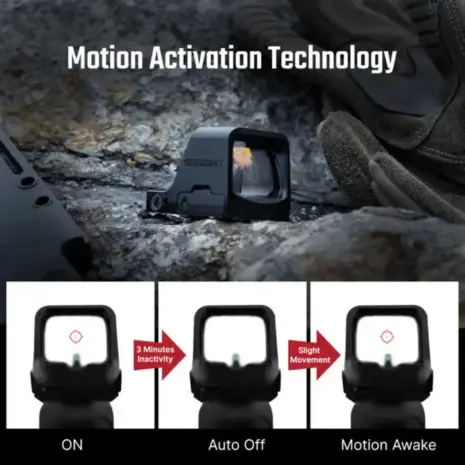 Olight Osight C 3 MOA Red Dot Sight - motion activation diagram with on, auto-off and wake illustrations Olight Osight C 3 MOA Red Dot Sight - motion activation diagram with on, auto-off and wake illustrations
