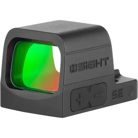 Olight Osight SE optic - angled view of black optic with green lens reflection and side controls Olight Osight SE optic - angled view of black optic with green lens reflection and side controls