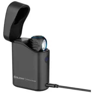 Olight South Africa Homepage — 2026 Candidate 27 Olight Perun 3 Mini Premium headlamp - black charging case open with right-angle flashlight inside and cable connected