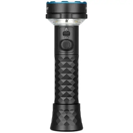 Olight Prowess Flashlight - upright black flashlight with patterned body and side controls Olight Prowess Flashlight - upright black flashlight with patterned body and side controls