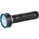 Olight Prowess Flashlight - angled view of black flashlight with blue lens rim and patterned body