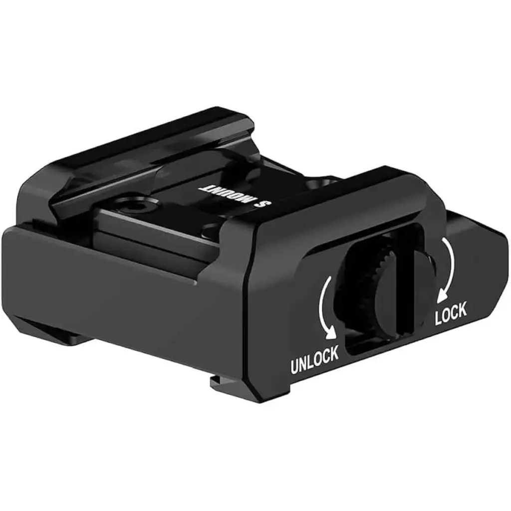 Olight Rail Mount – 43X Mount - angled view of black rail mount with locking knob