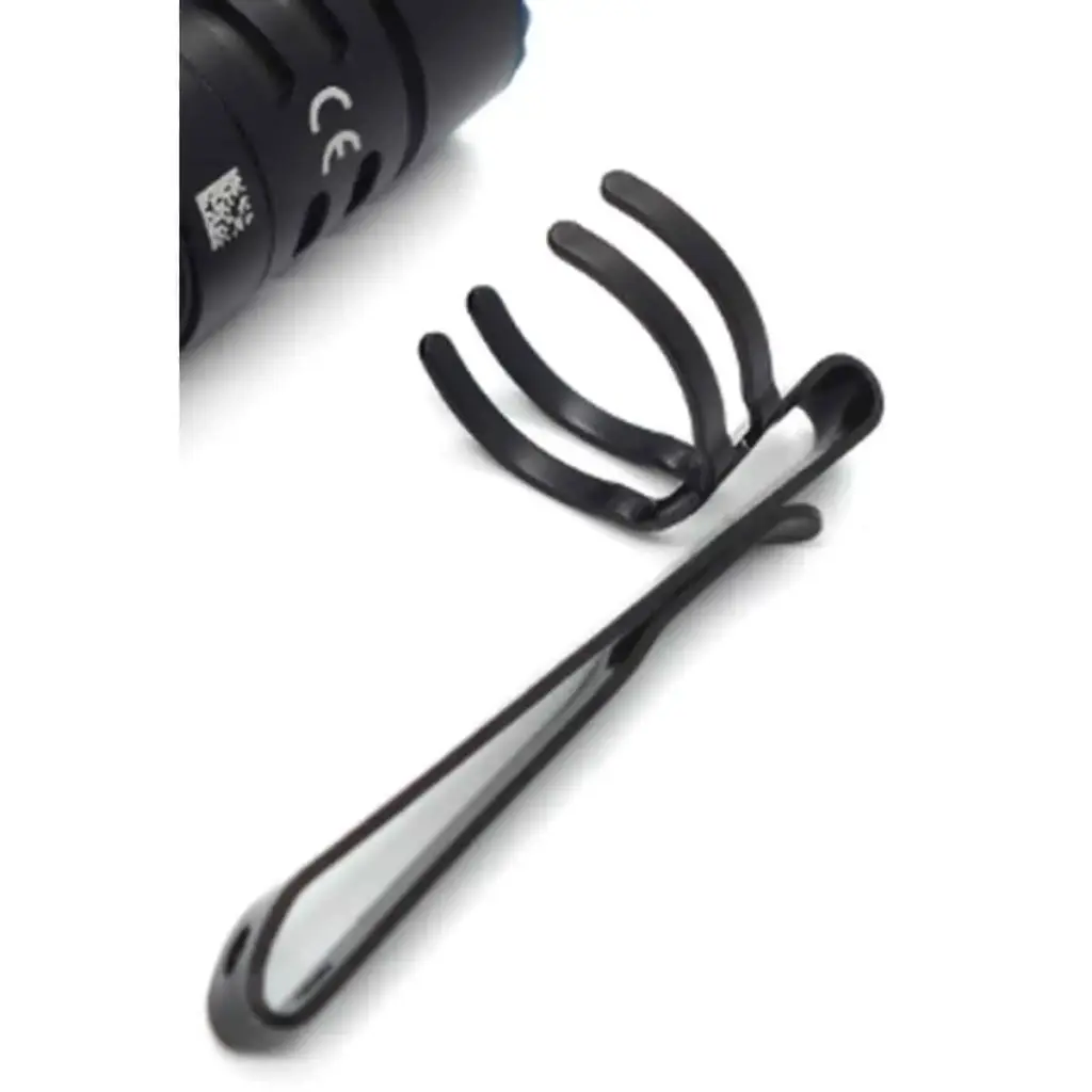 Olight Warrior Nano Belt Clip - black metal pocket clip beside flashlight body