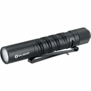 Olight I3T EOS 180 Lumen Flashlight - black cylindrical flashlight with pocket clip shown at an angle
