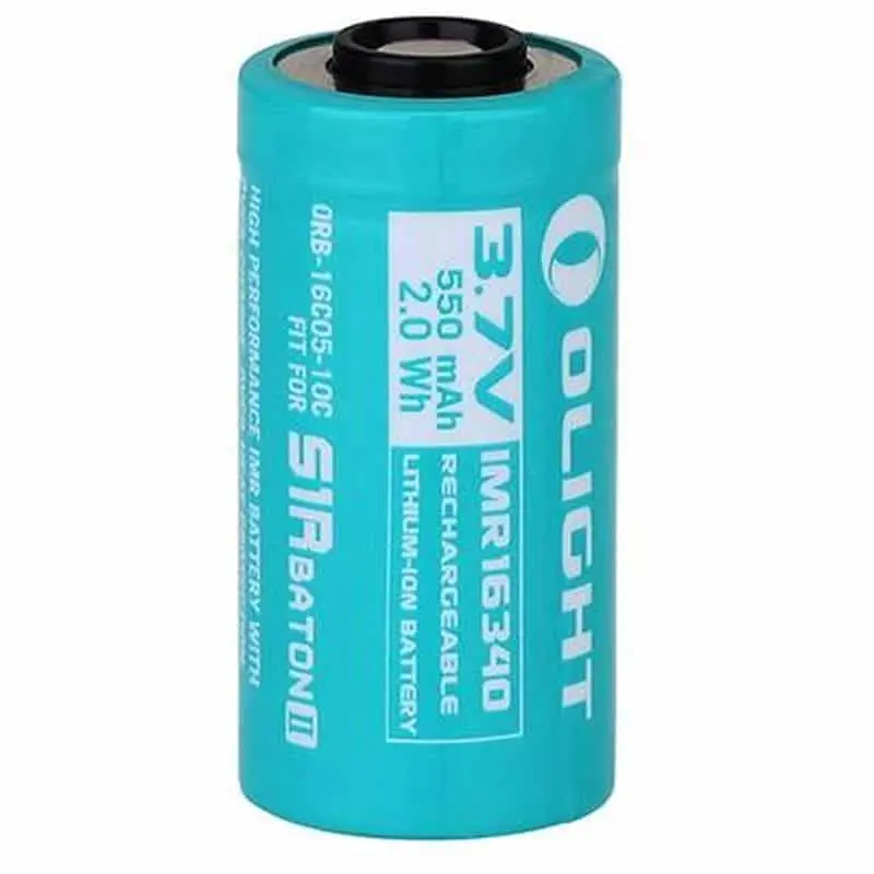 Olight 16340 550mAh 10C IMR Battery - short turquoise rechargeable battery with raised contact