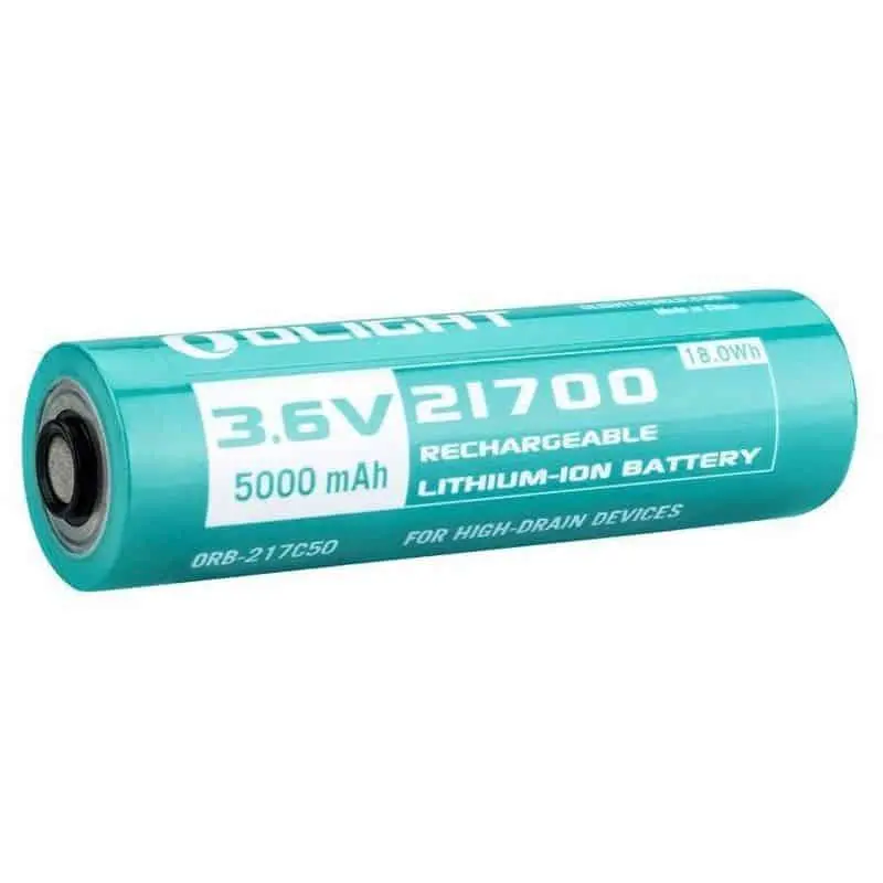 Olight 21700 5000mAh Battery - turquoise rechargeable battery shown horizontally with printed label