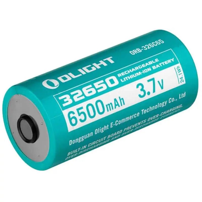 Olight 32650 6500mAh Battery - angled view of green Olight cylindrical rechargeable battery