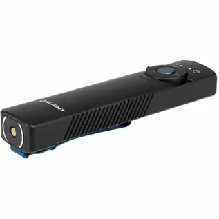 Olight Arkfeld 1000 Lumen Flashlight With UV - angled view of black rectangular flashlight with blue pocket clip