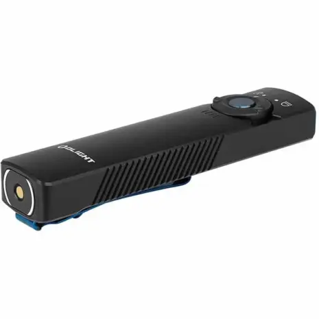Olight Arkfeld 1000 Lumen Flashlight With UV - angled view of black rectangular flashlight with blue pocket clip Olight Arkfeld 1000 Lumen Flashlight With UV - angled view of black rectangular flashlight with blue pocket clip