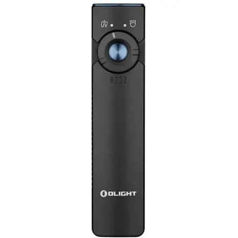 Olight Arkfeld 1000 Lumen Flashlight With UV - upright view of rectangular black flashlight with round side control Olight Arkfeld 1000 Lumen Flashlight With UV - upright view of rectangular black flashlight with round side control