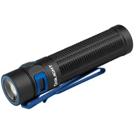 Olight Baton 3 Pro Max 2500 Lumen Flashlight - angled view of black flashlight with blue bezel side button and pocket clip Olight Baton 3 Pro Max 2500 Lumen Flashlight - angled view of black flashlight with blue bezel side button and pocket clip