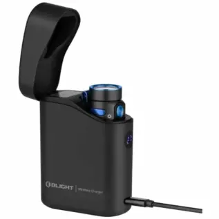 Olight Baton 4 Premium Rechargeable LED 1300 Lumen Flashlight - black charging case open with black flashlight and charging cable