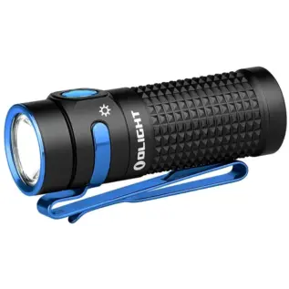 Olight South Africa Homepage — 2026 Candidate 5 Olight Baton 4 Rechargeable LED 1300 Lumen Flashlight - angled view of black compact flashlight with blue clip and side button