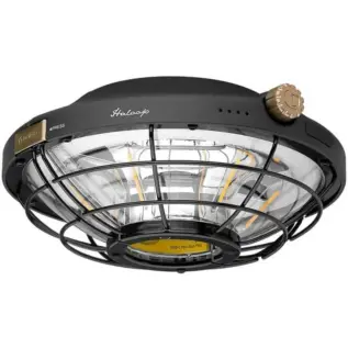 Olight Haloop Rechargeable LED Camping Light - underside of black circular lantern with protective cage and brass-coloured control knob