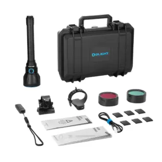 Olight Javelot Turbo 2 Flashlight Kit (Black) - black flashlight kit with case filters mount cable and accessories laid out