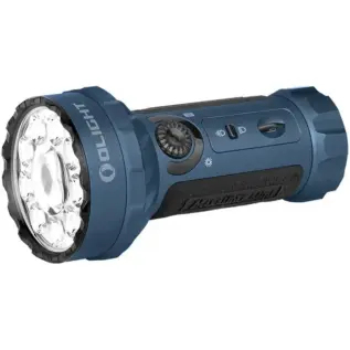 Olight Marauder Mini 7000 Lumen Flashlight - Midnight Blue - angled view of dark blue flashlight with wide multi-reflector head