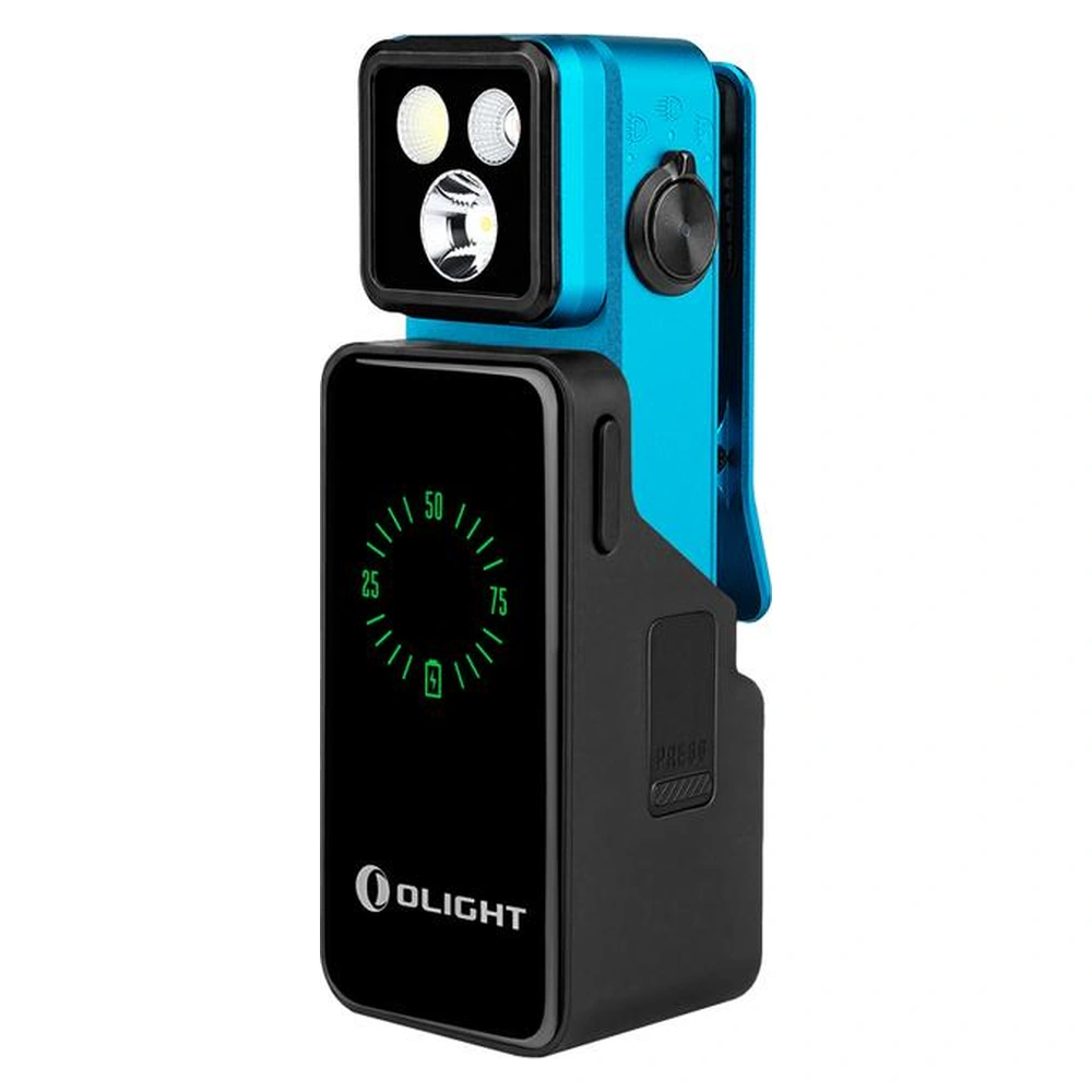 Olight Oclip 2 Pro Premium 530 Lumen Clip Light - Tidal Blue 1 Olight Oclip 2 Pro Premium 530 Lumen Clip Light - Tidal Blue - angled view with mobile charging dock