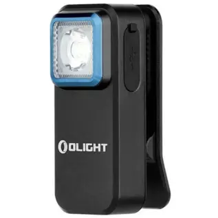 Olight Oclip 300 Lumen Light - black rectangular clip light with blue bezel