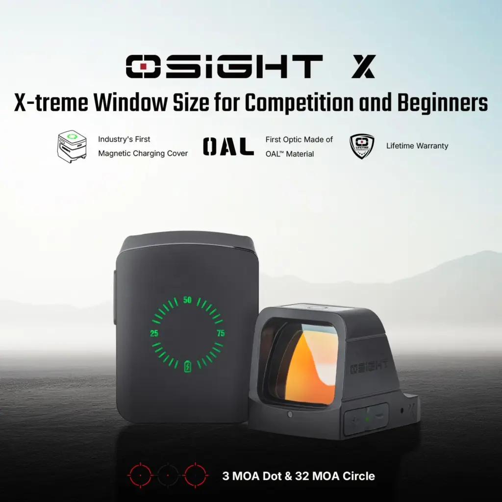 Olight Osight X Reflex Sight – 3 MOA Dot, 32 MOA Circle Red Dot (Black) 1 Olight Osight X Reflex Sight – 3 MOA Dot, 32 MOA Circle Red Dot (Black) - Osight X promotional graphic showing sight cover and feature icons