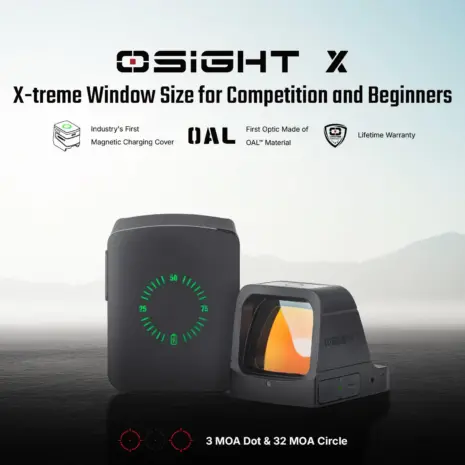 Olight Osight X Reflex Sight – 3 MOA Dot, 32 MOA Circle Red Dot (Black) - Osight X promotional graphic showing sight cover and feature icons Olight Osight X Reflex Sight – 3 MOA Dot, 32 MOA Circle Red Dot (Black) - Osight X promotional graphic showing sight cover and feature icons