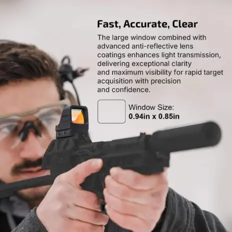 Olight Osight X Reflex Sight – 3 MOA Dot, 32 MOA Circle Red Dot (Black) - person aiming through mounted reflex sight with window-size callout Olight Osight X Reflex Sight – 3 MOA Dot, 32 MOA Circle Red Dot (Black) - person aiming through mounted reflex sight with window-size callout