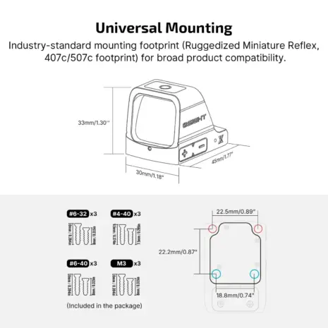 Olight Osight X Reflex Sight – 3 MOA Dot, 32 MOA Circle Red Dot (Black) - mounting footprint diagram with sight dimensions and screw positions Olight Osight X Reflex Sight – 3 MOA Dot, 32 MOA Circle Red Dot (Black) - mounting footprint diagram with sight dimensions and screw positions