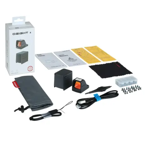 Olight Osight X Reflex Sight – 3 MOA Dot, 32 MOA Circle Red Dot (Black) - sight charging cover cable screws pouch and paperwork laid out beside box Olight Osight X Reflex Sight – 3 MOA Dot, 32 MOA Circle Red Dot (Black) - sight charging cover cable screws pouch and paperwork laid out beside box