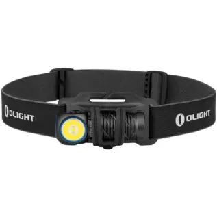 Olight Perun 2 Mini 1100 Lumen Headlamp - black right-angle headlamp fitted to black headband