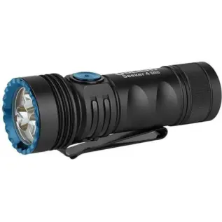 Olight Seeker 4 Mini 1200 Lumen Flashlight With UV - black cylindrical flashlight with blue front bezel and pocket clip