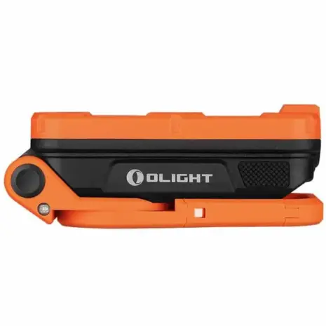 Olight Swivel Pro 1100 Lumen Work Light - folded side view of orange and black work light Olight Swivel Pro 1100 Lumen Work Light - folded side view of orange and black work light