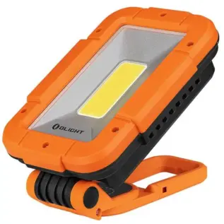 Olight Swivel Pro Max 1600 Lumen Work Light - orange rectangular work light on its hinged stand