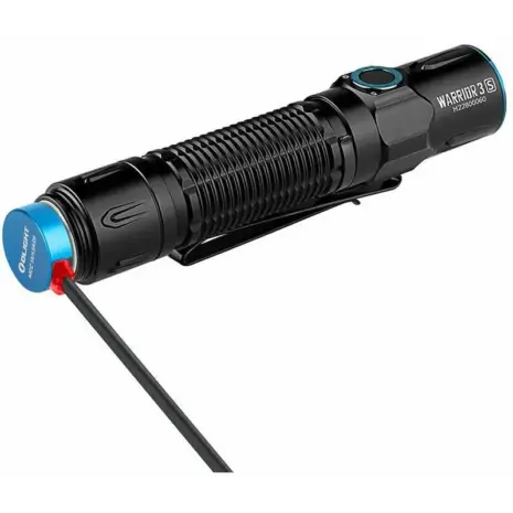 Olight Warrior 3S 2300lm Flashlight - black flashlight with blue magnetic charging cable attached Olight Warrior 3S 2300lm Flashlight - black flashlight with blue magnetic charging cable attached