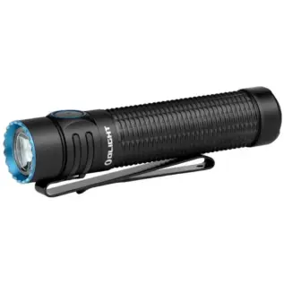 Olight South Africa Homepage — 2026 Candidate 4 Olight Warrior Mini 3 1750 Lumen Flashlight - angled view of black flashlight with blue lens rim and pocket clip