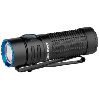 Olight Warrior Nano Rechargeable LED Flashlight - black textured flashlight with blue bezel and pocket clip