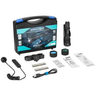 Olight Warrior X 4 Rechargeable LED 2600 Lumen Flashlight Kit - black flashlight kit with carrying case cables filters mount and manuals arranged together