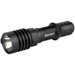 Olight Warrior X 4 Rechargeable LED 2600 Lumen Flashlight - angled view of black flashlight with ribbed body and Olight branding