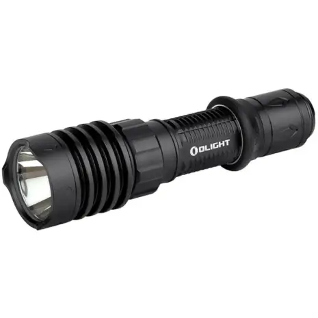 Olight Warrior X 4 Rechargeable LED 2600 Lumen Flashlight - angled view of black flashlight with ribbed body and Olight branding Olight Warrior X 4 Rechargeable LED 2600 Lumen Flashlight - angled view of black flashlight with ribbed body and Olight branding