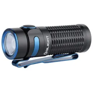 Olight Baton 3 Premium Edition Flashlight - Black - angled view of black compact flashlight with blue clip