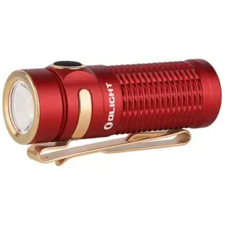 Olight Baton 3 Premium Edition Flashlight - Red - angled view of red compact flashlight with gold clip