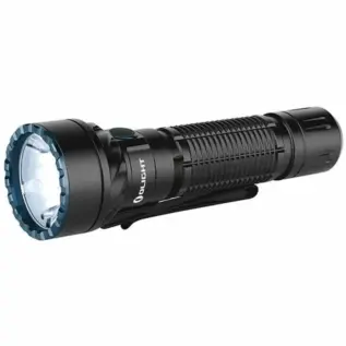 Olight Freyr Dual-Switch Flashlight - black flashlight with side switch and blue lens bezel