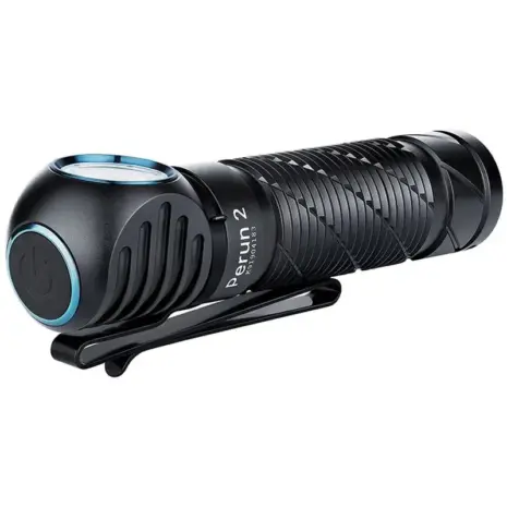 Olight Perun 2 Flashlight/Headlamp With Headband - angled view of black right-angle flashlight with blue lens rim Olight Perun 2 Flashlight/Headlamp With Headband - angled view of black right-angle flashlight with blue lens rim